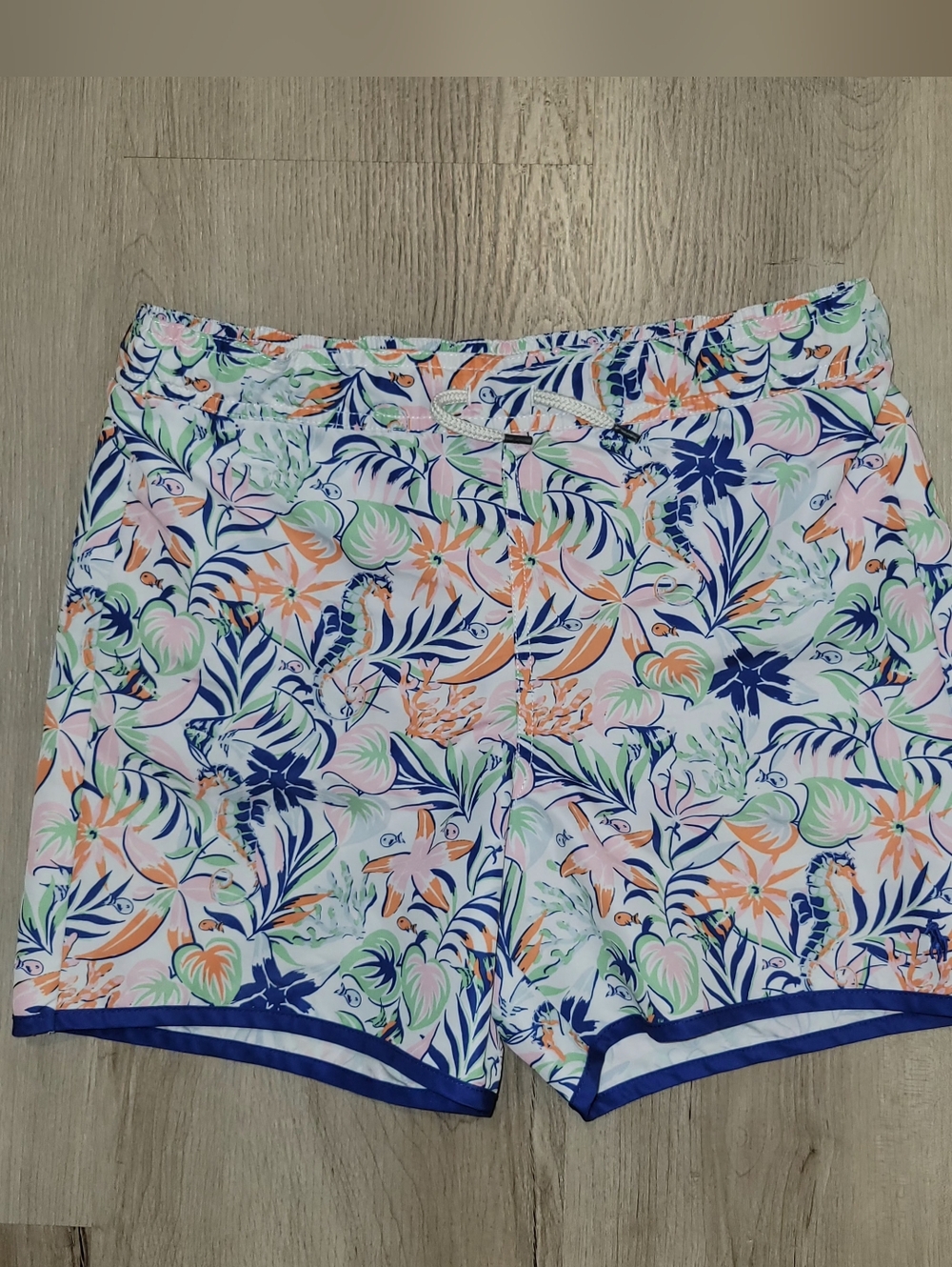 Polo Ralph Lauren Boys Sea Creatures Swim Trunks Sz L (14-16) Nautical Blue Pony